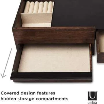 Umbra Stowit Jewelry Box - Modern Keepsake Storage Organizer with Hidden Compartment Drawers for Ring, Bracelet, Watch, Necklace, Earrings, and Accessories, Black Walnut