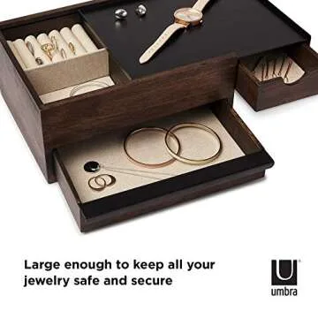 Umbra Stowit Jewelry Box - Modern Keepsake Storage Organizer with Hidden Compartment Drawers for Ring, Bracelet, Watch, Necklace, Earrings, and Accessories, Black Walnut