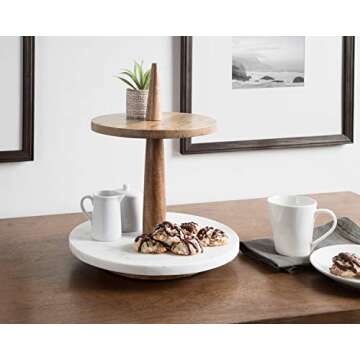 Kate and Laurel Praxis Modern 2-Tier Tray, 12 x 12 x 15, Natural Wood and White Marble, Decorative F...