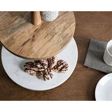 Kate and Laurel Praxis Modern 2-Tier Tray, 12 x 12 x 15, Natural Wood and White Marble, Decorative Farmhouse Serving Tray for Display