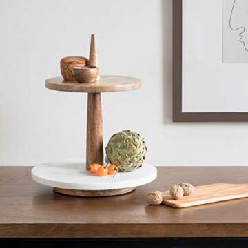 Kate and Laurel Praxis Modern 2-Tier Tray, 12 x 12 x 15, Natural Wood and White Marble, Decorative Farmhouse Serving Tray for Display