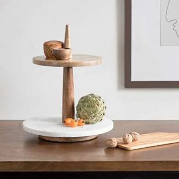 Kate and Laurel Praxis Modern 2-Tier Tray, 12 x 12 x 15, Natural Wood and White Marble, Decorative Farmhouse Serving Tray for Display