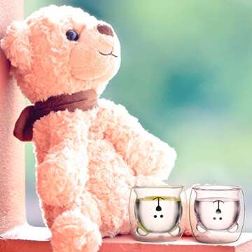 2 Pcs Cute Bear Mugs Insulated Double Wall Glass Bear Cups Animal Tea Milk Juice Chocolate Cappuccin...
