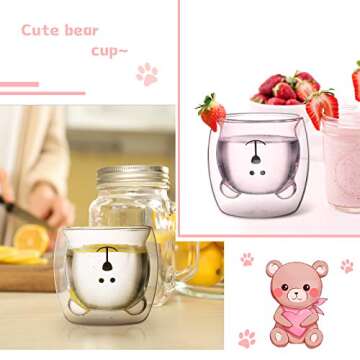 2 Pcs Cute Bear Mugs Insulated Double Wall Glass Bear Cups Animal Tea Milk Juice Chocolate Cappuccino Cups Home Glass Mugs for Birthday Gifts Valentine's Day to Lover(White, Pink)