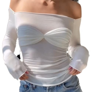 Y2K White Off Shoulder Slim Fit Long Sleeve Top