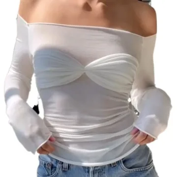 Y2K White Off Shoulder Slim Fit Long Sleeve Top