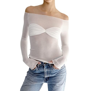 Y2K White Off Shoulder Slim Fit Long Sleeve Top