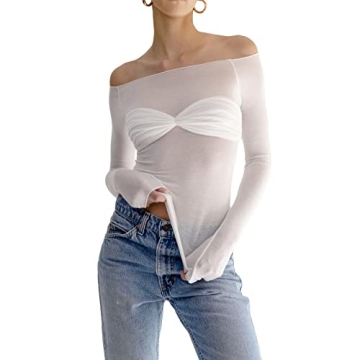 Y2K White Off Shoulder Slim Fit Long Sleeve Top