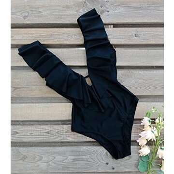 SPORLIKE Women One Piece Swimsuit V-Neck Ruffle Bathing Suit Padded Monokini(Black,Large)
