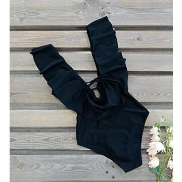 SPORLIKE Women One Piece Swimsuit V-Neck Ruffle Bathing Suit Padded Monokini(Black,Large)