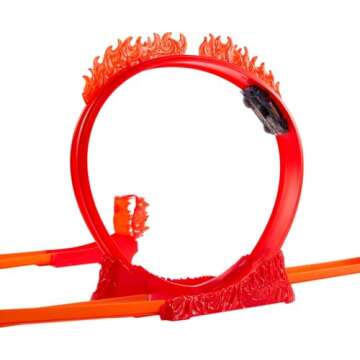 Hot Wheels Toy Car Track Set, Track Builder Playset Flame Stunt Pack with 16 Component Parts & 1:64 Scale Vehicle in Modular Storage Container