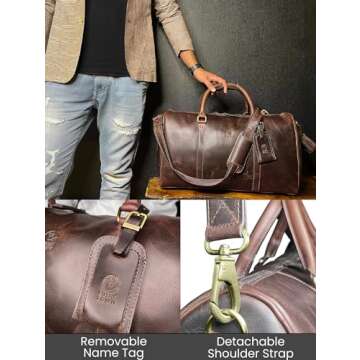 Leather Duffle Bag for Men - Full Grain Leather Travel Bag - TSA Approved Carry On Weekender Overnight Duffel Bag (Mulberry, 20 inch)