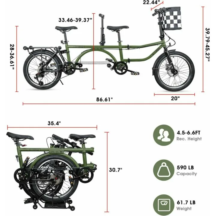 Folding Tandem Bike - 7 Speed with Dual Drive