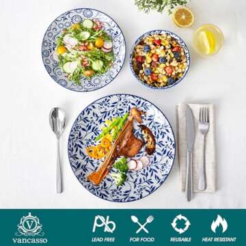 vancasso SELENE Plates and Bowls Set for 4, 12 Pieces Dinnerware Sets, Mircowave and Dishwasher Safe Dishes Set, Porcelain Blue Kitchen Set