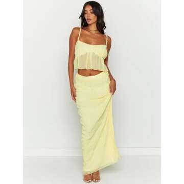 Women’s Sexy Ruffle Dress Spaghetti Strap Cami Top Bodycon Long Skirt Club Party Two Piece Skirt Outfits Sets Yellow XL