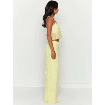 Women’s Sexy Ruffle Dress Spaghetti Strap Cami Top Bodycon Long Skirt Club Party Two Piece Skirt Outfits Sets Yellow XL