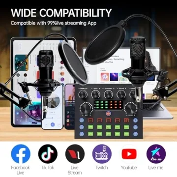 Podcast Equipment Bundle Kit For 2, Audio Interface with Voice Changer Condenser Microphones for DJ Mixer, All-in-One Recording Studio Equipment Perfect for Live Streaming, Singing, YouTube, Gaming