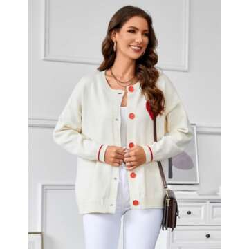 FindThy Women's Cute Heart Print Cardigan Sweater