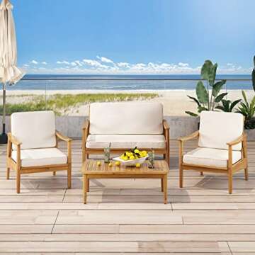 Christopher Knight Home Felix Outdoor Acacia Wood 4 Seater Chat Set with Coffee Table, Teak Finish, ...