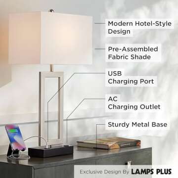360 Lighting Todd Modern Table Lamp with Hotel Style USB and AC Power Outlet in Base 30" Tall Brushed Nickel Rectangle White Shade for Living Room Bedroom House Bedside Nightstand Home