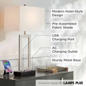 360 Lighting Todd Modern Table Lamp with Hotel Style USB and AC Power Outlet in Base 30" Tall Brushed Nickel Rectangle White Shade for Living Room Bedroom House Bedside Nightstand Home