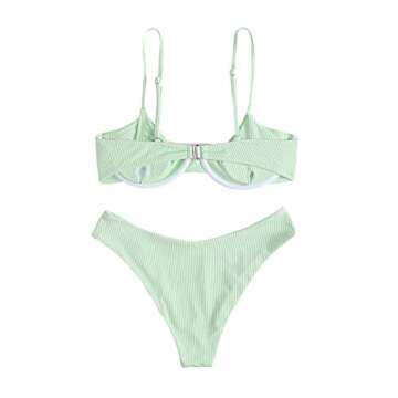 SweatyRocks Women's Spaghetti Strap Ribbed Knit Two Piece Swimsuit Underwire Bikini Sets Light Green S