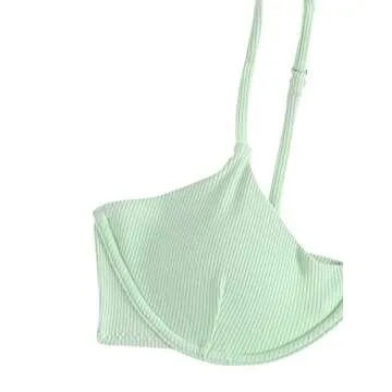 SweatyRocks Women's Spaghetti Strap Ribbed Knit Two Piece Swimsuit Underwire Bikini Sets Light Green S
