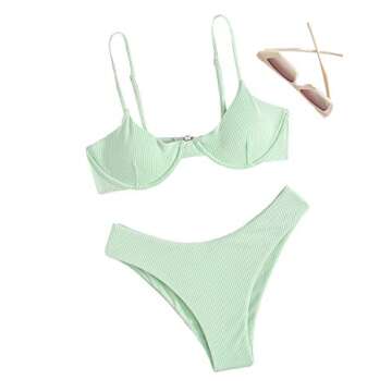 SweatyRocks Women's Spaghetti Strap Ribbed Knit Two Piece Swimsuit Underwire Bikini Sets Light Green S
