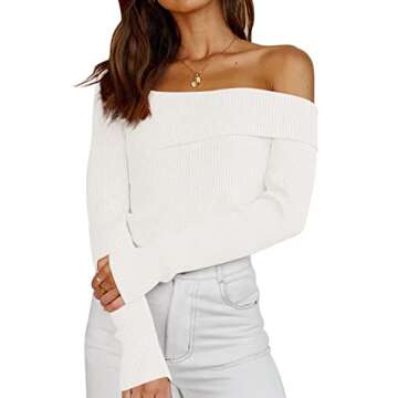LILLUSORY Womens Off The Shoulder Going Out Sweaters Fall Sexy Cute Trendy Long Sleeve Knit Pullover Clothes Tops 2025 White M