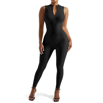SUUKSESS Women Ribbed Seamless Zip-Up Jumpsuit