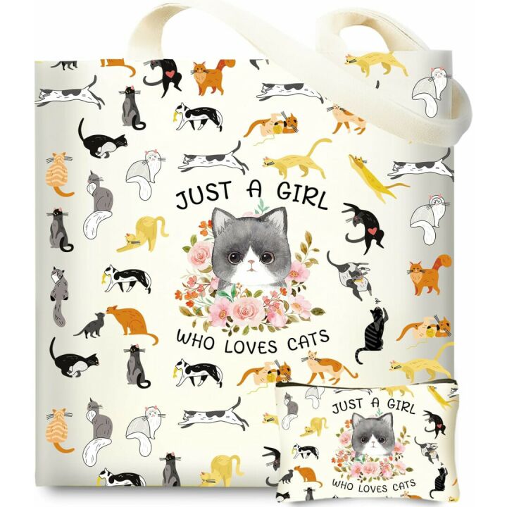 Cute Cat Tote Bag with Makeup Pouch for Women
