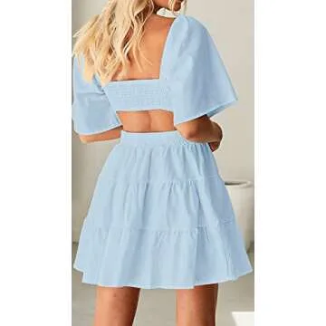 Women's Summer Dresses - Square Neck Casual Short Sleeves Crossover Elastic Waist Mini Dress in Blue...