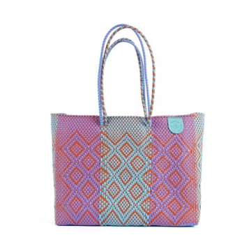 Sunset Woven Super Tote, Handwoven Recycled Plastic Tote, Oaxaca Mexican Woven Bag, Beach Bag, Summer Bag, Orange, Purple & Blue Beach Bag, Water-Resistant Tote