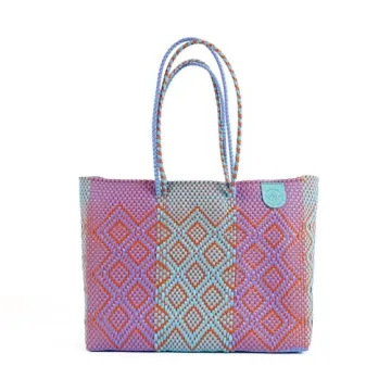 Sunset Woven Super Tote, Handwoven Recycled Plastic Tote, Oaxaca Mexican Woven Bag, Beach Bag, Summer Bag, Orange, Purple & Blue Beach Bag, Water-Resistant Tote