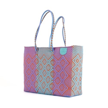 Sunset Woven Super Tote, Handwoven Recycled Plastic Tote, Oaxaca Mexican Woven Bag, Beach Bag, Summer Bag, Orange, Purple & Blue Beach Bag, Water-Resistant Tote