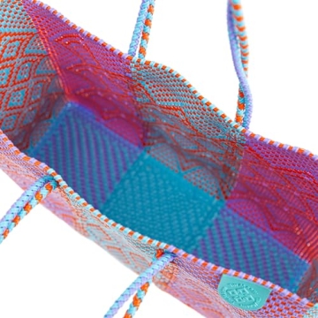 Sunset Woven Super Tote, Handwoven Recycled Plastic Tote, Oaxaca Mexican Woven Bag, Beach Bag, Summer Bag, Orange, Purple & Blue Beach Bag, Water-Resistant Tote