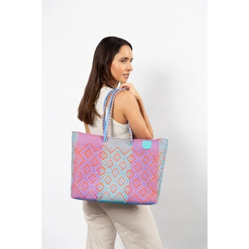 Sunset Woven Super Tote, Handwoven Recycled Plastic Tote, Oaxaca Mexican Woven Bag, Beach Bag, Summer Bag, Orange, Purple & Blue Beach Bag, Water-Resistant Tote