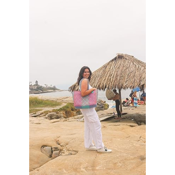 Sunset Woven Super Tote, Handwoven Recycled Plastic Tote, Oaxaca Mexican Woven Bag, Beach Bag, Summer Bag, Orange, Purple & Blue Beach Bag, Water-Resistant Tote