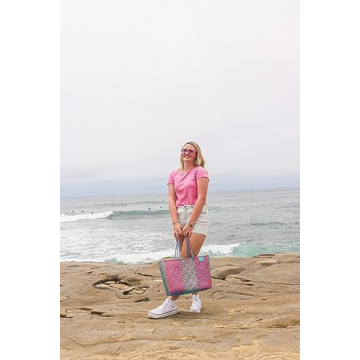 Sunset Woven Super Tote, Handwoven Recycled Plastic Tote, Oaxaca Mexican Woven Bag, Beach Bag, Summer Bag, Orange, Purple & Blue Beach Bag, Water-Resistant Tote