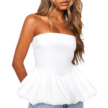 BAIGRAM Women Bubble Peplum Tube Tops - Cute Going Out Strapless Crop Tops Summer Sexy Solid Fitted ...