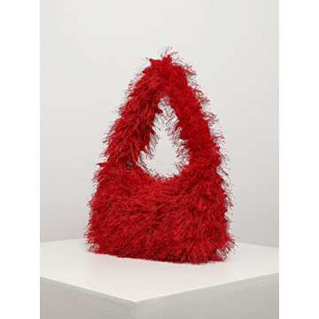 Verdusa Women's Faux Fur Fuzzy Hobo Bag Furry Handbag Purse Red one-size