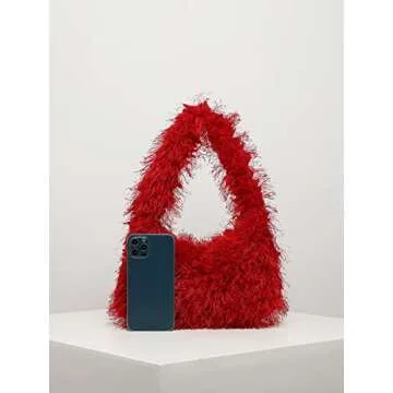 Verdusa Women's Faux Fur Fuzzy Hobo Bag Furry Handbag Purse Red one-size