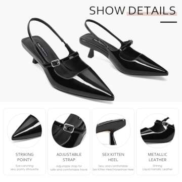 MIRAAZZURRA Slingback Kitten Heels Pumps Pointed Toe Patent Leather Low Heel Slip On Dress Shoes with Buckle Strap for Dating Party Working Black 8