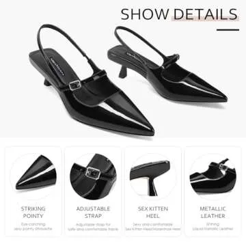MIRAAZZURRA Slingback Kitten Heels Pumps Pointed Toe Patent Leather Low Heel Slip On Dress Shoes with Buckle Strap for Dating Party Working Black 8