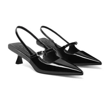 MIRAAZZURRA Slingback Kitten Heels Pumps Pointed Toe Patent Leather Low Heel Slip On Dress Shoes with Buckle Strap for Dating Party Working Black 8