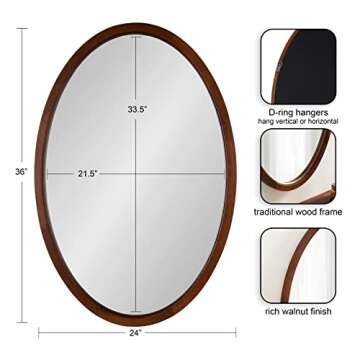 Kate and Laurel Hogan Farmhouse Oval Framed Wall Mirror, 24 x 36, Dark Walnut, Decorative Traditional Wood Mirror with Soft Curvature and Modern Oval Shape