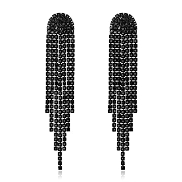 BriLove Rhinestone Earrings - Long Chandelier Sparkle Crystal Tassel Dangle Drop Earring in Black