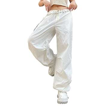 NUFIWI Women Baggy Wide Leg Cargo Pants Low Waist Drawstring Sweatpants Summer Casual Jogger Trousers (A Cargo White,Small)