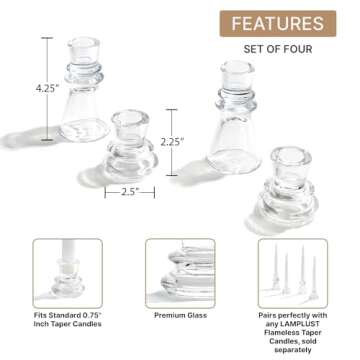 LampLust Taper Candle Holders, Set of 4 Clear Glass Candle Holders, 2.25 & 4.25 Inch, Coffee Table D...