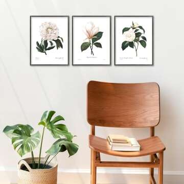 White Flower Art - 8x10 Inch French Botanical Prints, Redoute Illustrations, Set of 3 - Unframed